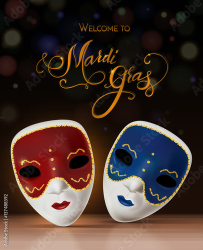 Vector carnival mask with lettering. Invitation to carnival with colorful shiny background. Vector illustration EPS 10.