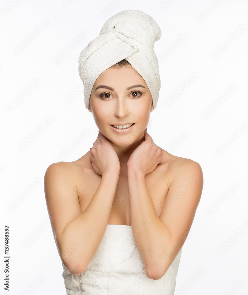 Beautiful, smiling women in white turban on her head. Beautiful, smiling women in white turban on her head.