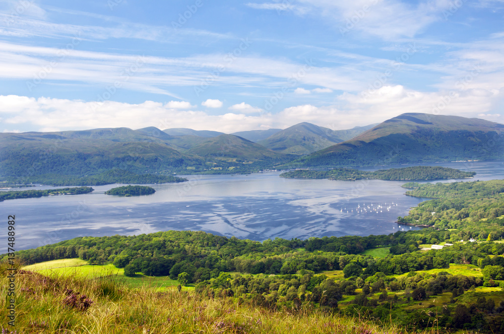 Loch Lomond seen from the hills above the scenic village of Balmaha.