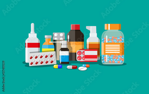 Different medical pills and bottles photo