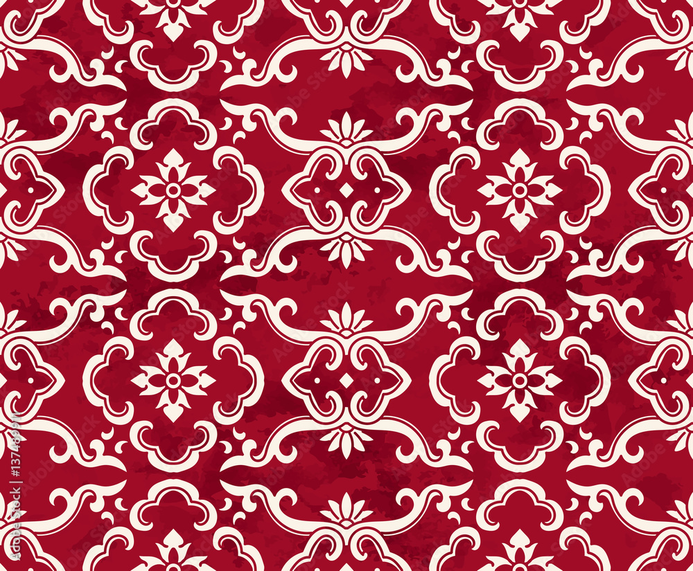 Fototapeta premium Seamless Vintage Red Chinese Background Botanic Curve Frame Flower
