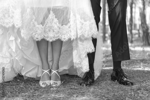 Dettaglio scarpe da sposo e da sposa con parte inferiore dell'abito di entrambi- foto bn con sfondo vegetazione photo