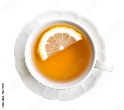Hot earl grey tea with lemon slice top view isolated on white background, clipping path included