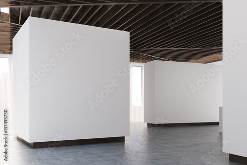 Art gallery concrete floor, wooden ceiling, side