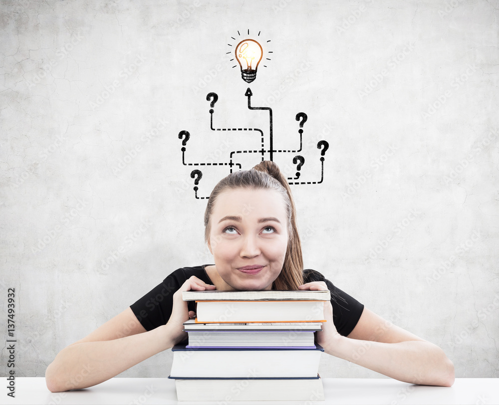 Fototapeta premium Woman with ponytail and books and light bulb maze