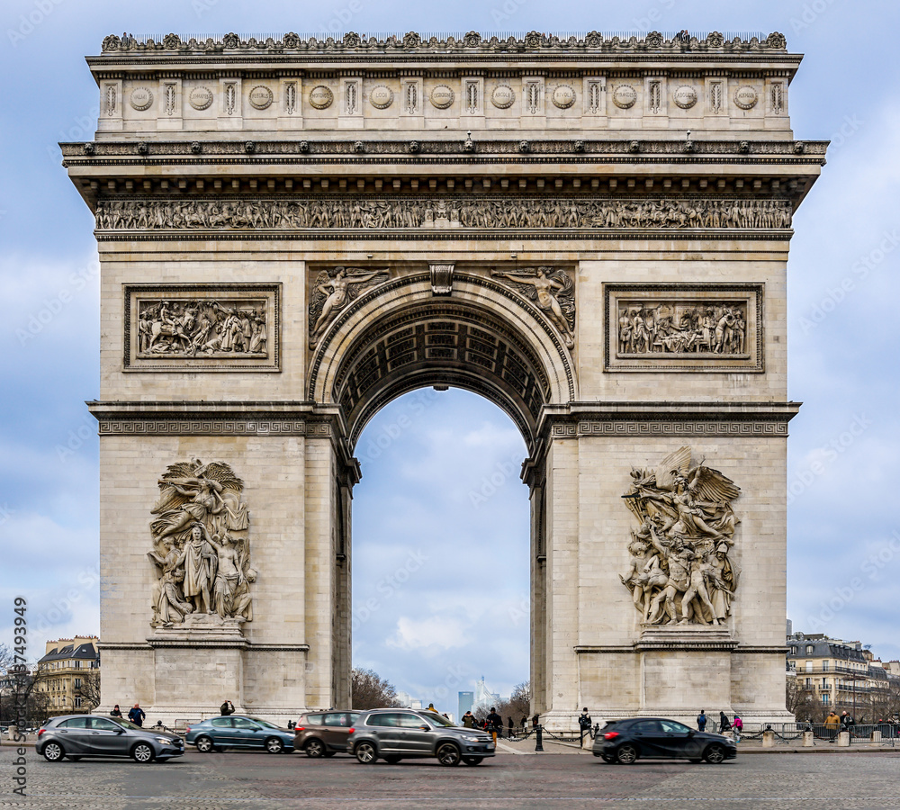Arc de Triomphe at the center of Place Charles de Gaulle, Paris.