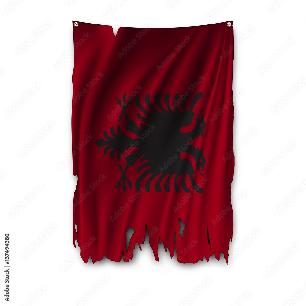 Torn by the wind national flag of Albania. Ragged. The wavy fabric on white background. Realistic vector illustration. Torn by the wind national flag of Albania. Ragged. The wavy fabric on white background. Realistic vector illustration.
