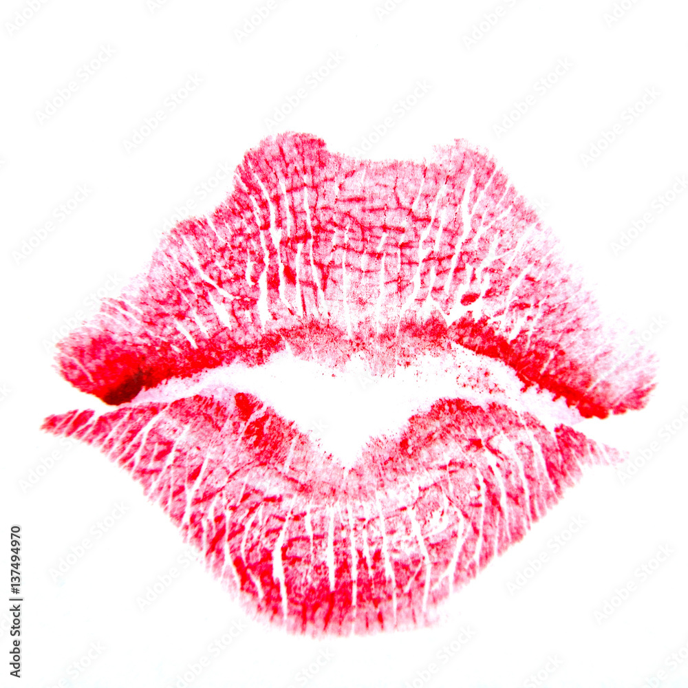 The imprint of her painted lips with red lipstick. The imprint of her painted lips with red lipstick.