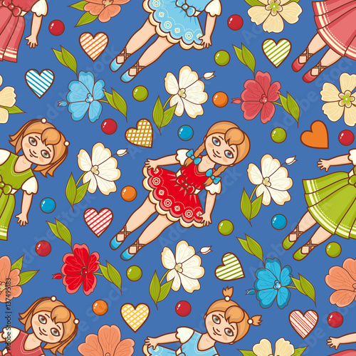 Little Ballerina and Flower. Cartoon style. Seamless pattern. Baby Doll. 