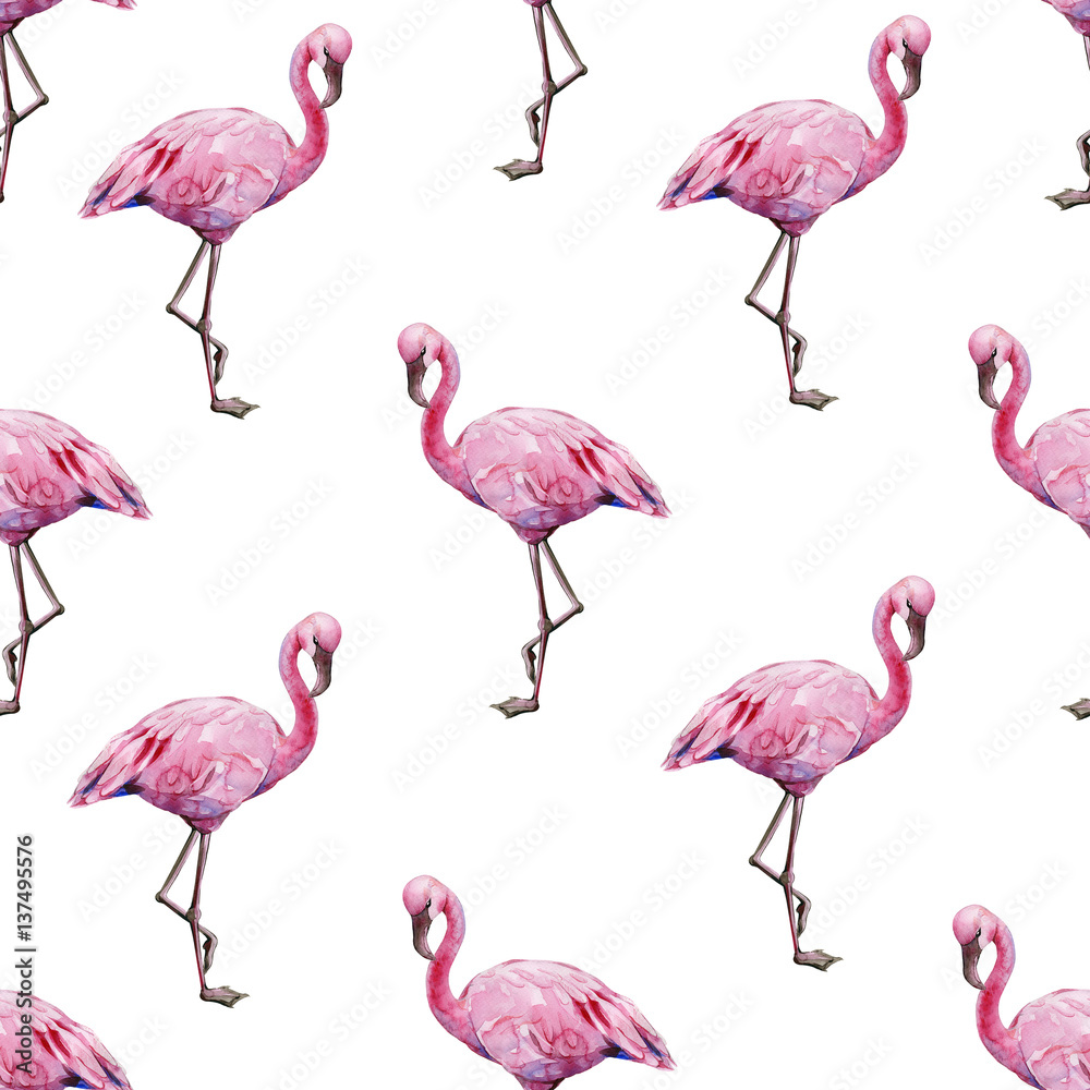 Obraz premium Seamless watercolor illustration of tropical pink flamingo birds. Trendy pattern with tropic summertime motif. Exotic Hawaii art background. Design for fabric and decor.