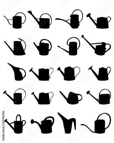 Black silhouettes of watering cans on white background, vector