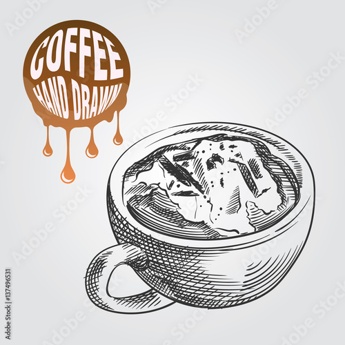 Coffee with chocolate in a cup hand drawn sketch isolated on white background and blob with drops. Hot drinks sketch elements vector illustration.