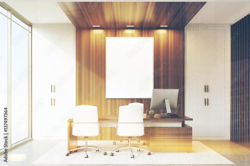 CEO office with wood and panoramic windows, toned CEO office with wood and panoramic windows, toned