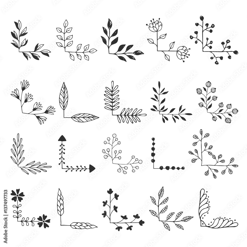 Set of fancy floral corners. Hand drawn ink illustration. Vector isolated.