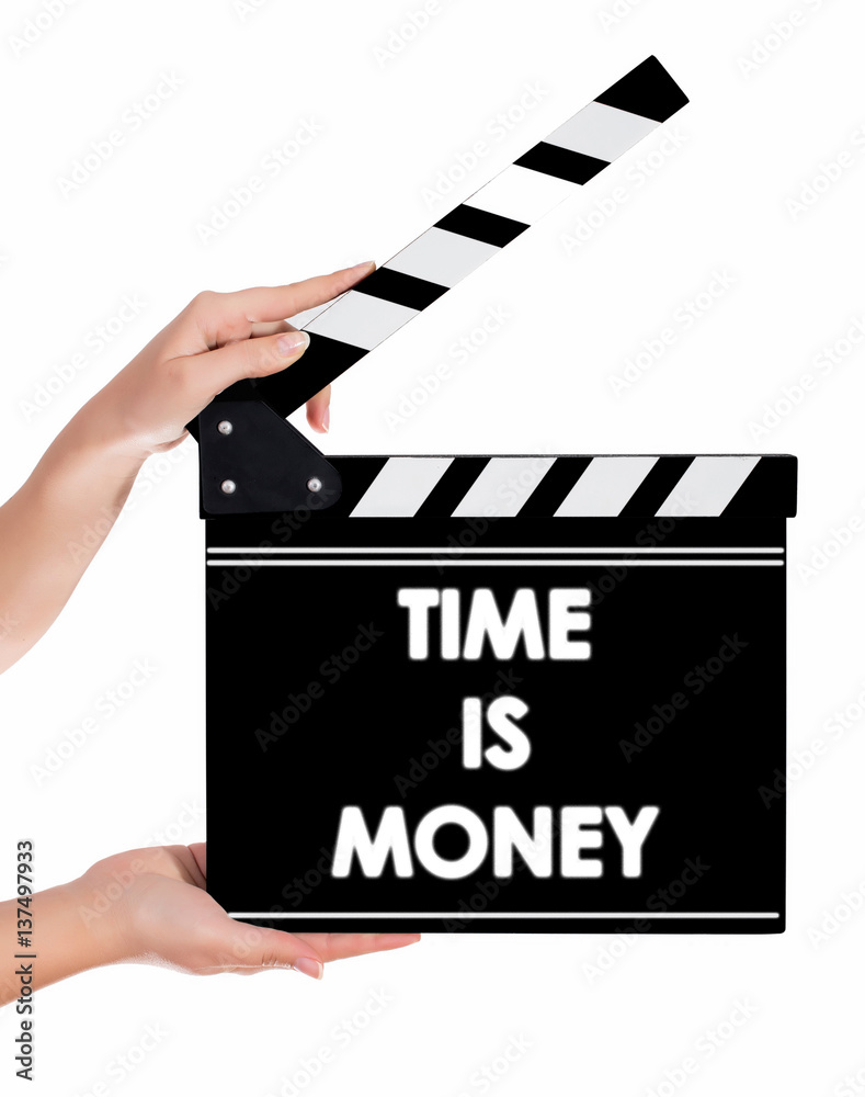 Hands holding a clapper board with TIME IS MONEY text