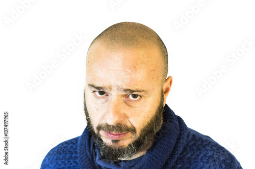 Handsome, bald man with beard on white background