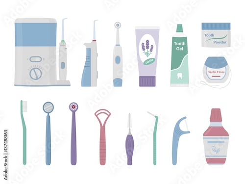 Dental cleaning tools. Vector illustration of oral hygiene products isolated on white background. 