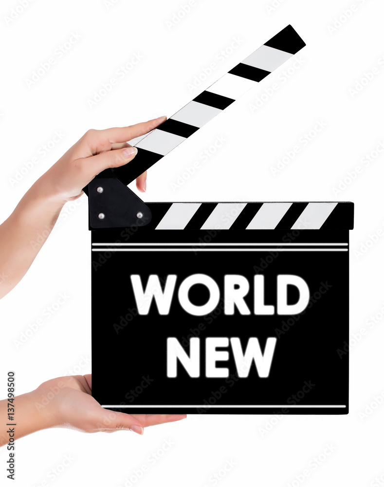 Hands holding a clapper board with WORLD NEW text