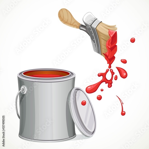 Iron bank with paint and brush splashes of red paint isolated on white background