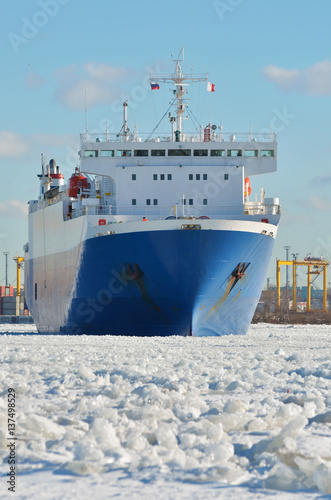 A huge ship with cargo.