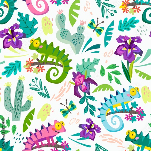 Vector seamless pattern of funny characters in cartoonish style. Spring pattern of chameleons and tropical leaves and flowers. 