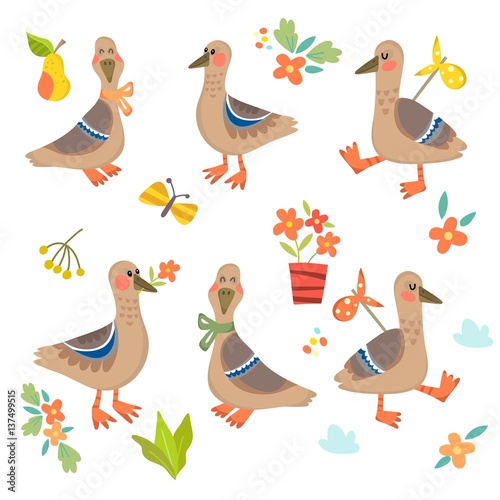 Vector set of cartoonish characters and floral elements.