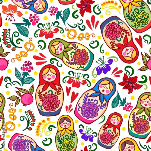 Vector bright seamless pattern of Russian dolls and floral elements.