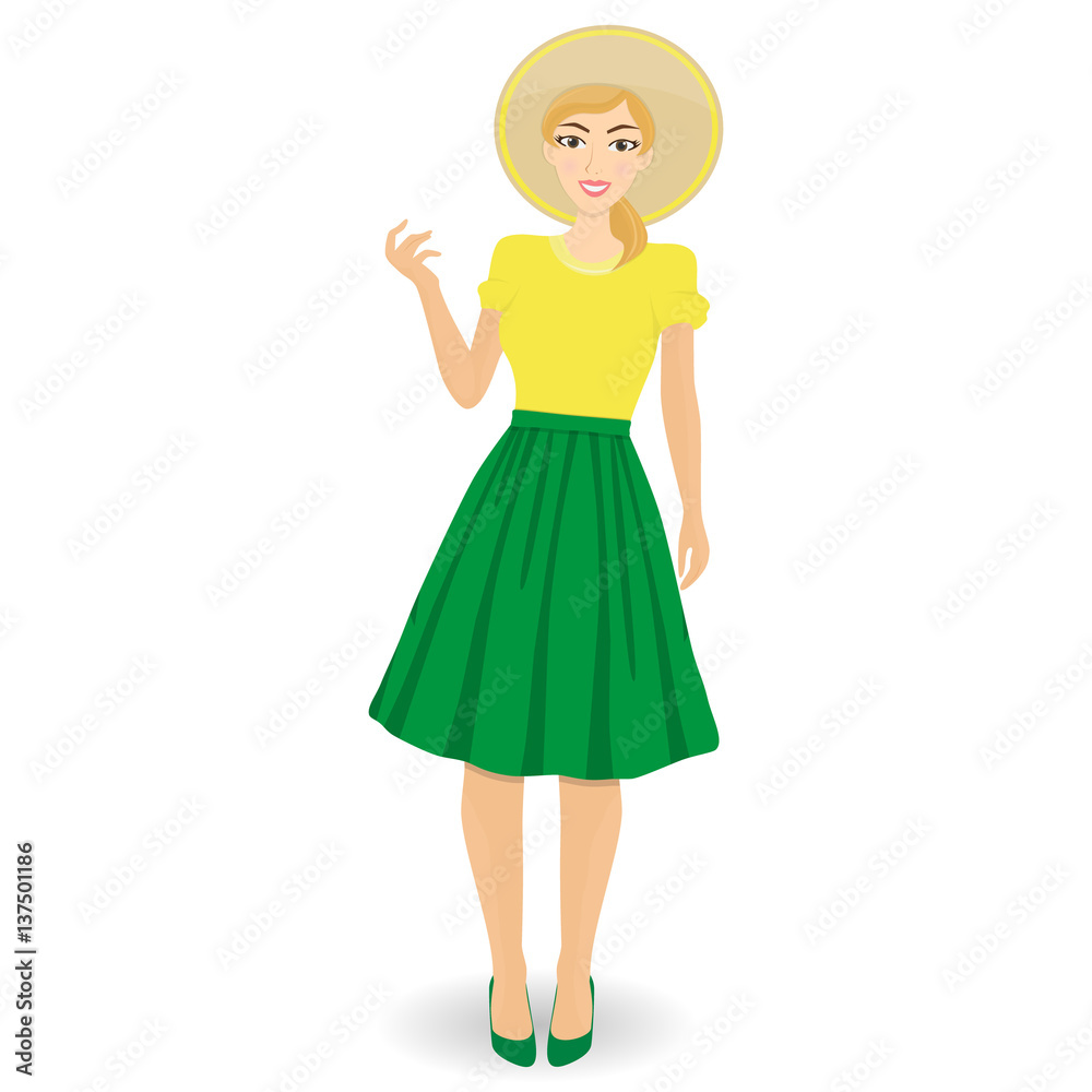 Vector beautiful fashionable girls in hat and trendy skirt Vector beautiful fashionable girls in hat and trendy skirt