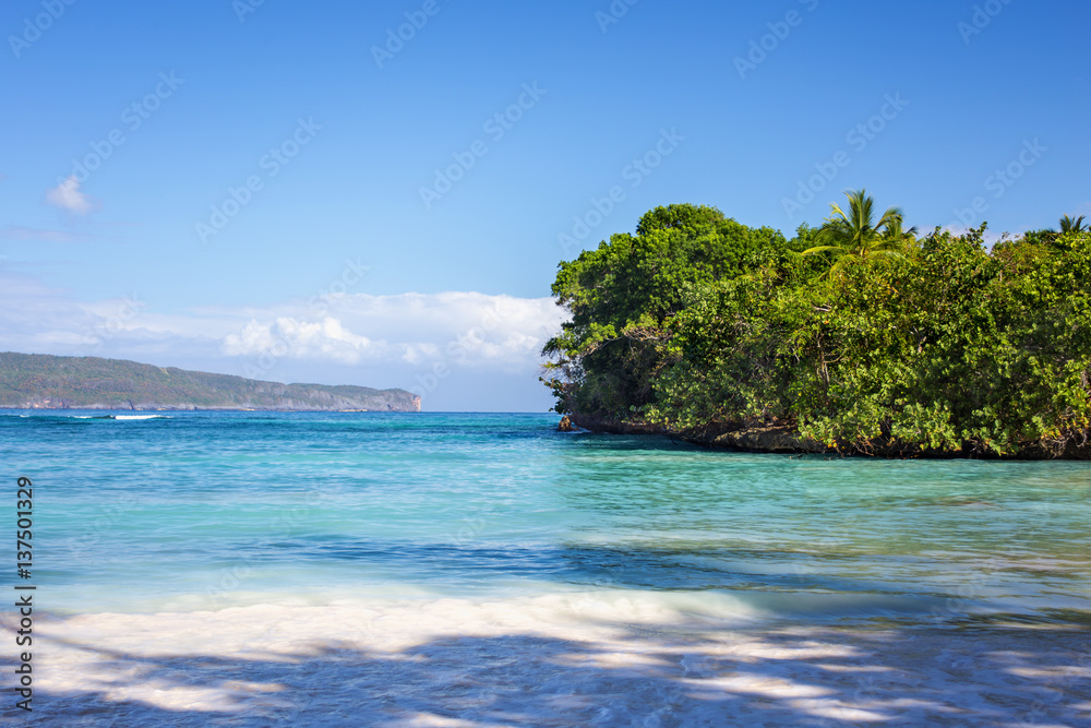 Fototapeta premium Caribbean landscape with crystal water and green island