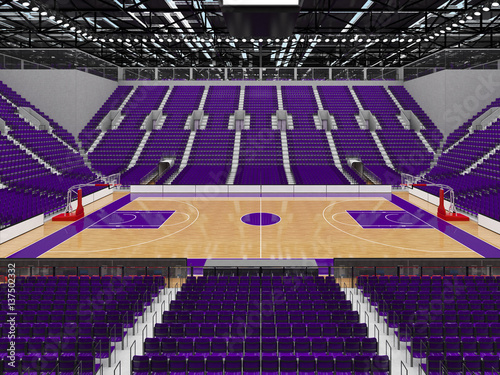 Beautiful sports arena for basketball with purple seats and VIP boxes