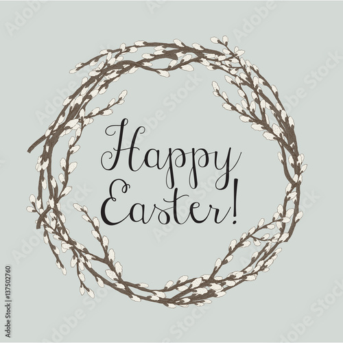 Pussy willow branches wreath, vector illustration