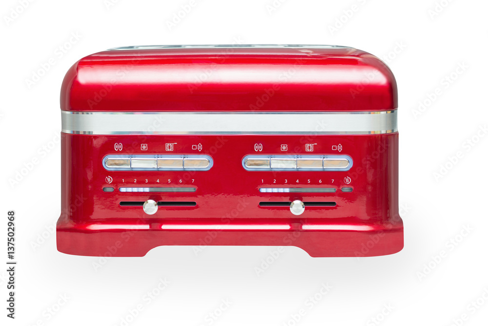 front view of vivid red four bread slices toaster isolated on white background with shadow front view of vivid red four bread slices toaster isolated on white background with shadow