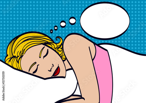 Beautiful girl sleeps in the bedroom.Pop Art girl. Advertising poster. Comic woman.Pop art background. dreamy, attractive, morning, lying in bed, resting woman, resting, cute, art, pop.