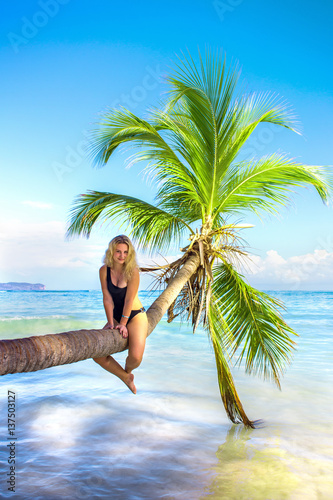 young sexy girl sitting on palm tree over blue sea