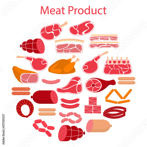 Vector flat illustration with different kinds of meat