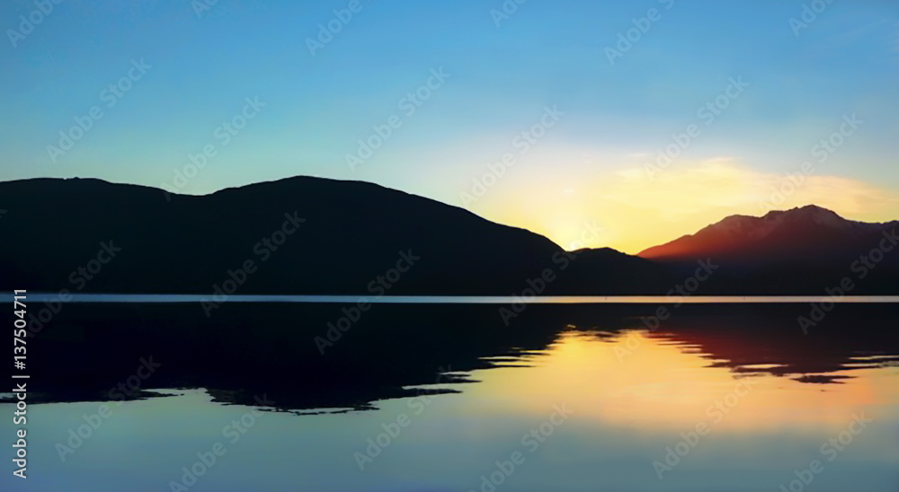 Sunset on Te Anau lake in New Zealand. A beautiful summer evening.
