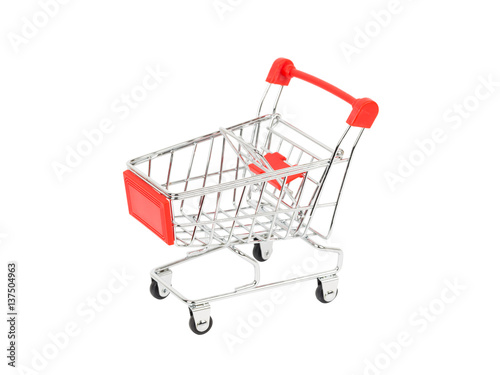 Shopping cart with red handle on white background