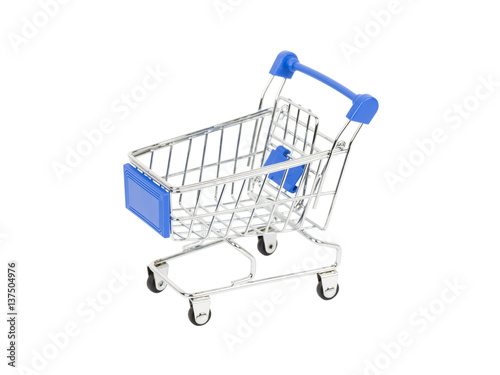 Shopping cart with blue handle on white background