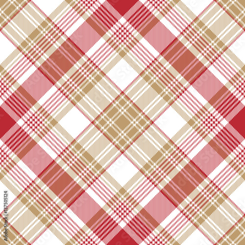 Beige red white check diagonal plaid seamless pattern