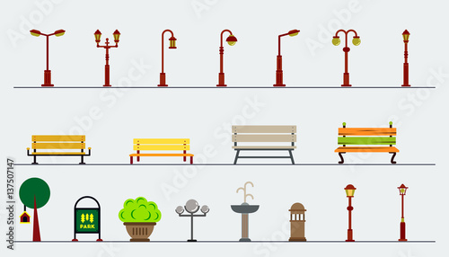 Light posts and outdoor elements for construction of landscapes. Vector flat illustration. park equipment