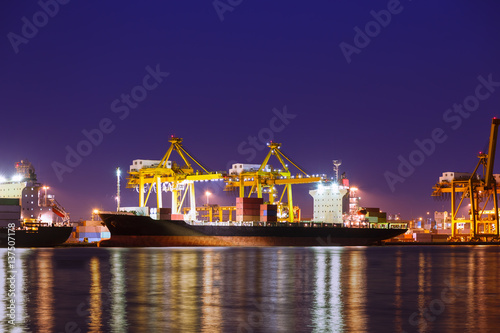 Container cargo freight ship at port twilight