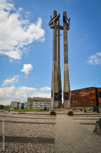 Gdansk-Poland June-2016. Solidarity in the square stands a monument commemorating the victims of December 1970. The three crosses are high at 42 meters. Editorial photo