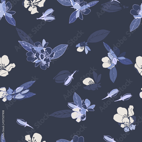 Blooming flowers. Seamless pattern. Blue tones