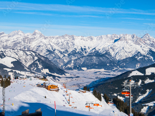 Mountain ski resort on sunny winter day, Leogang, Austrian Alps, Europe.
