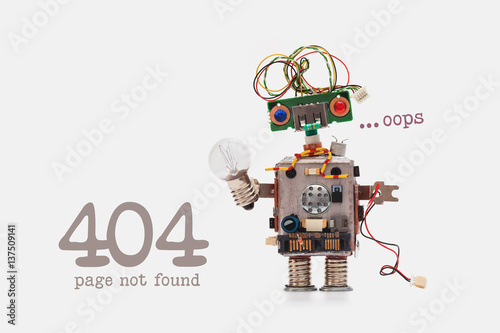 Oops 404 error page not found. Futuristic robot concept with electrical wire hairstyle. Circuits socket chip toy mechanism, funny head, colored eyes, light bulb in hand. beige background