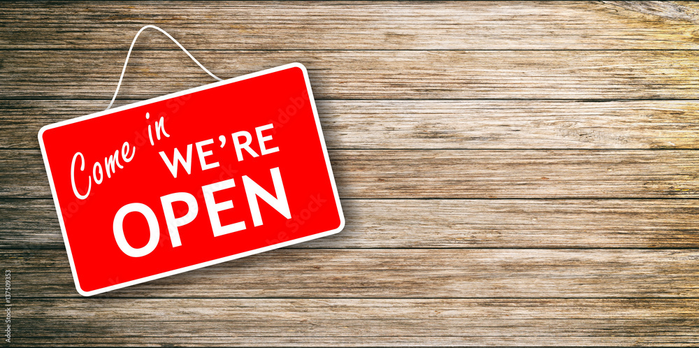 We are open sign on wooden background - obrazy, fototapety, plakaty 