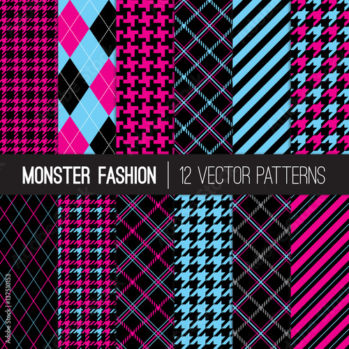 Nineties Grunge Fashion Patterns in Neon Pink, Blue and Black. Preppy Monster Dolls Backgrounds. Fluorescent Colors Houndstooth Tweed, Tartan Plaid, Stripes and Argyle. Pattern Tile Swatches Included.