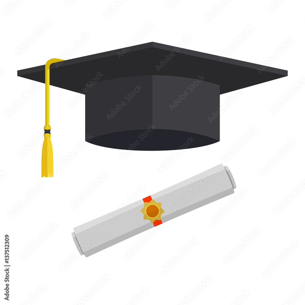 Graduation cap and rolled diploma scroll with stamp. Finish education ...