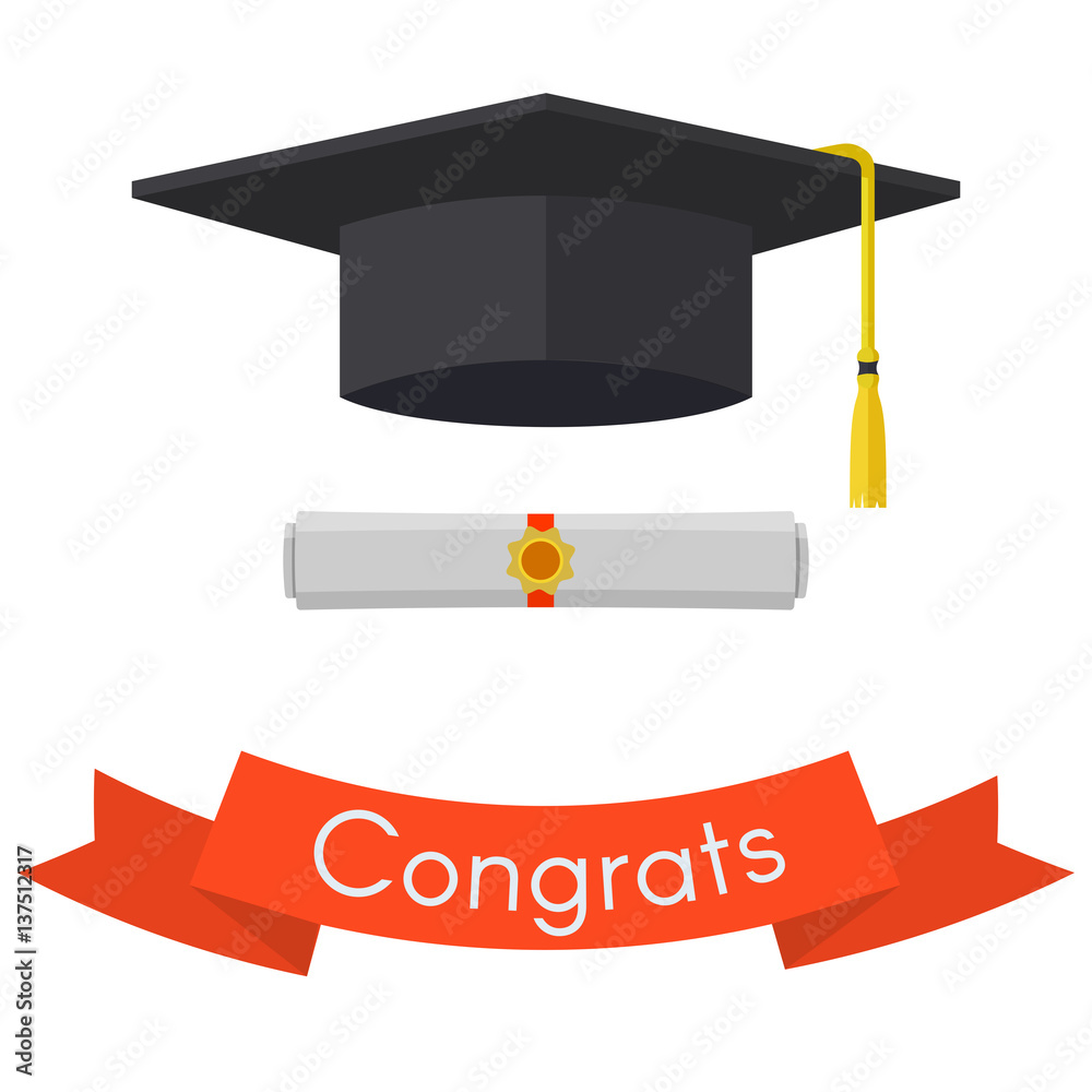Black graduation cap and diploma. Vintage red ribbon with invitation ...