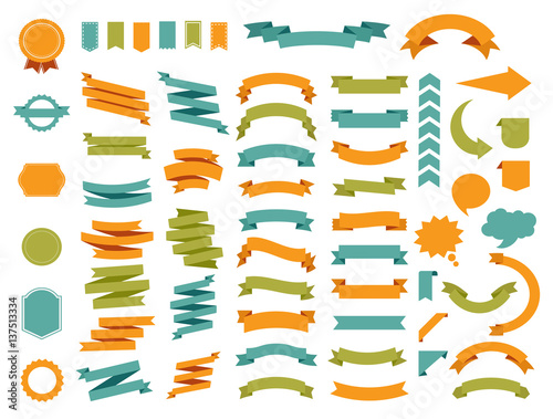 Ribbon vector icon set red color on white background. Banner isolated shapes illustration of gift and accessory. Christmas sticker and decoration for app and web. Label, badge and borders collection.